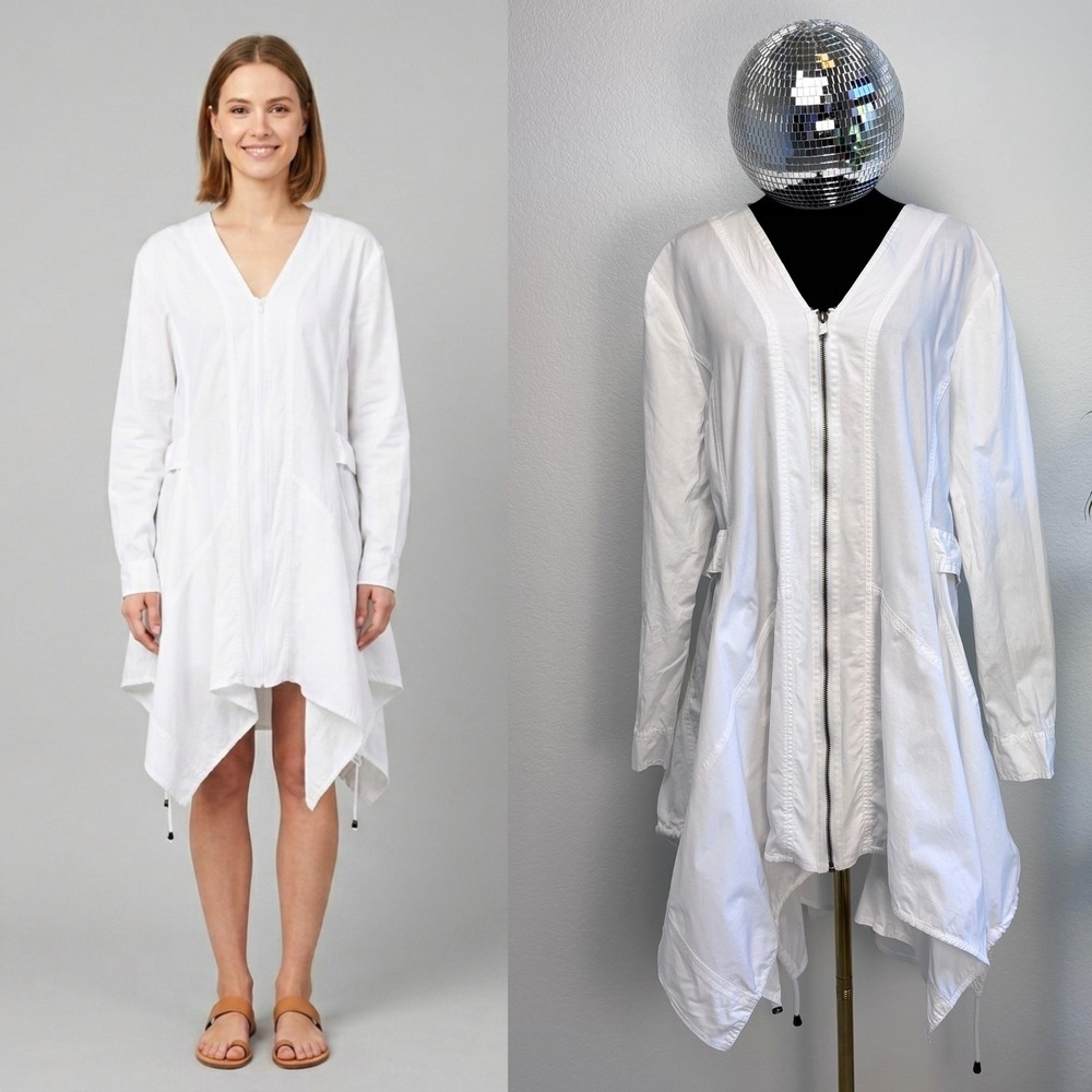 Ashro Zip Front Asymmetrical Hem Tunic Dress, XL White Cotton | Avant Garde boho